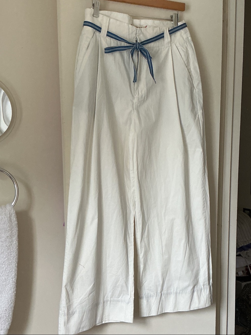 FREE PEOPLE High-Rise Wide Leg White Pants with Blue Tie